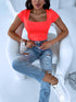 BASIC T-shirt with square neckline - neon orange